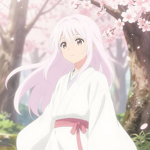 Anime-style digital drawing of a white-haired girl with pink eyes, wearing a white kimono with pink obi, standing under cherry blossoms in a