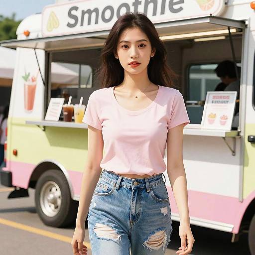 Woman in Casual Streetwear at Food Truck Rally