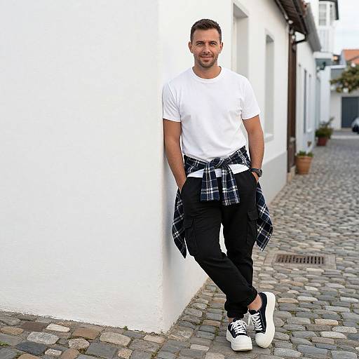 Photograph of a smiling man leaning against a white wall, wearing a white t-shirt, black pants, plaid shirt tied around waist, black and
