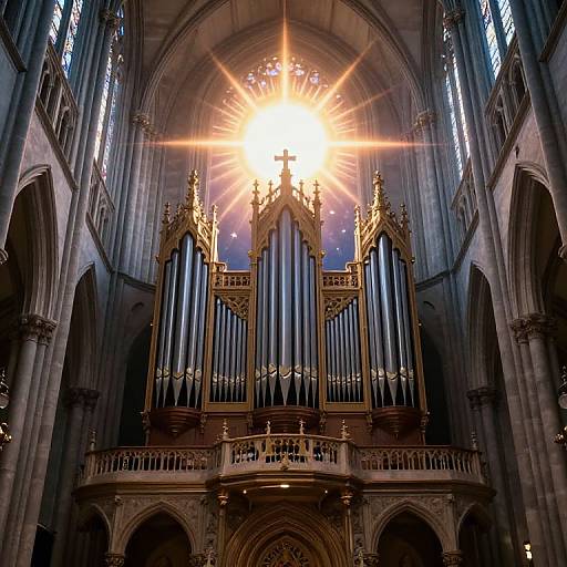 Photograph of a grand cathedral organ with golden details, bathed in radiant sunlight from a high window, casting beams through Gothic arches.