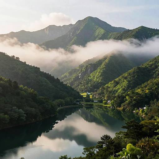 Photograph of a serene mountain lake, reflecting lush green hills and misty clouds, with a small village nestled at the water's edge.