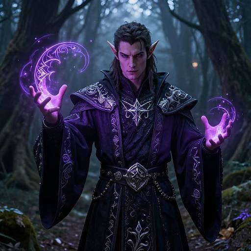 Photorealistic CGI of a pointed-eared, dark-haired elf in a detailed black robe, casting glowing purple magic in a misty forest.