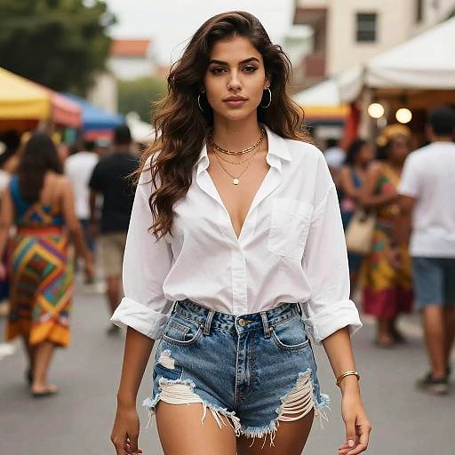 Photograph of a confident woman with long, wavy brown hair, wearing a white button-up shirt, and distressed denim shorts, walking in a busy