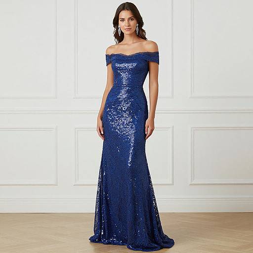 Photograph of a woman with wavy brown hair, wearing an off-shoulder, floor-length, sequined royal blue evening gown, standing in