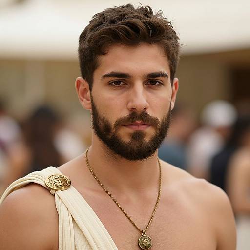 Photograph of a handsome, bearded man with dark hair, olive skin, wearing a white toga and gold necklace, standing in a blurred outdoor
