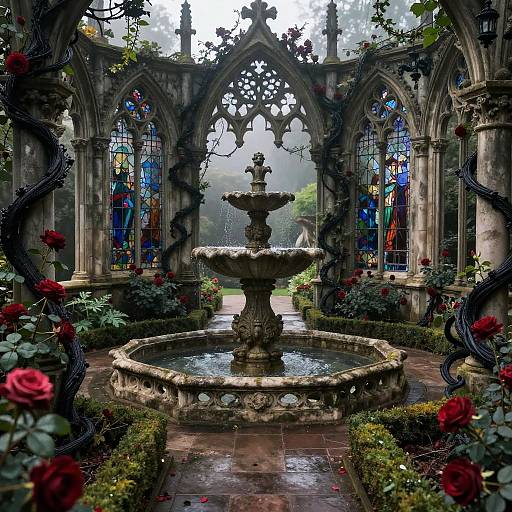 Photograph of a gothic-style, stone fountain in an enchanted garden room, surrounded by colorful stained glass windows, red roses, and twisted black vines