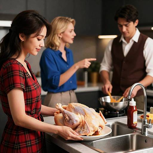 Dynamic Kitchen Scene with Three People