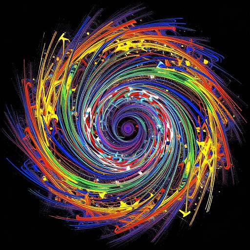 Vibrant, swirling abstract digital artwork with colorful, neon-like lines forming a dynamic spiral against a black background, creating a sense of motion and energy