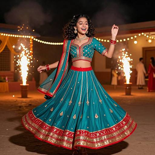 Photograph of a smiling Indian woman in a teal traditional lehenga with red and gold trim, dancing at night with string lights in the background.