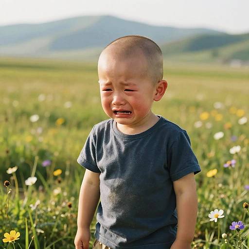 Bald Kid Crying in Meadow
