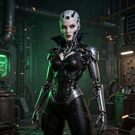 CGI image of a cybernetic woman with white helmet, black armor, glowing green and red lights, standing in a dark, industrial lab.