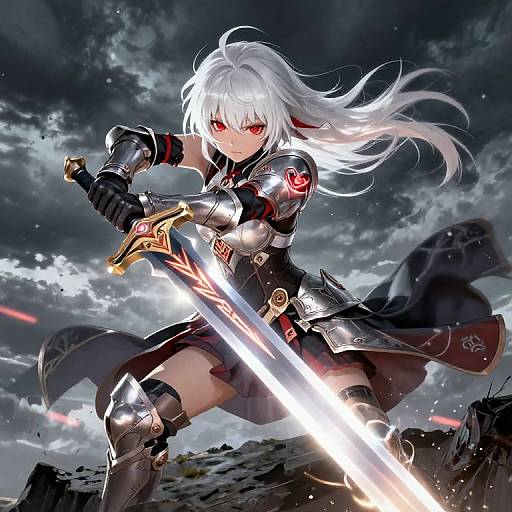 Digital anime artwork of a fierce white-haired female warrior with red eyes, wielding a glowing sword against a stormy sky. She wears black armor with red