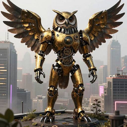 Armored Clockwork Owl Mercenary in Steampunk Exoskeleton