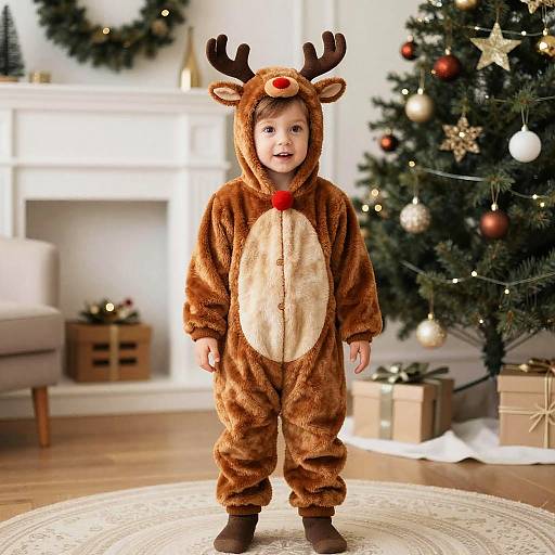 Toddler in Reindeer Costume by Christmas Tree