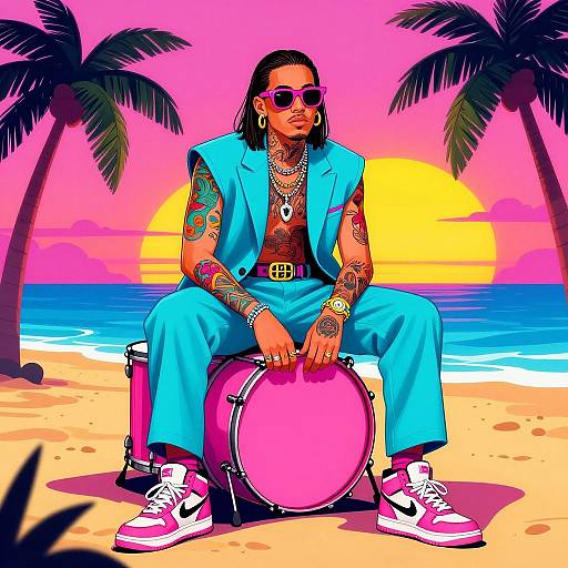 Digital illustration of a tattooed, sunglasses-wearing man in a blue vest and pants, sitting on a pink drum on a vibrant beach with palm trees