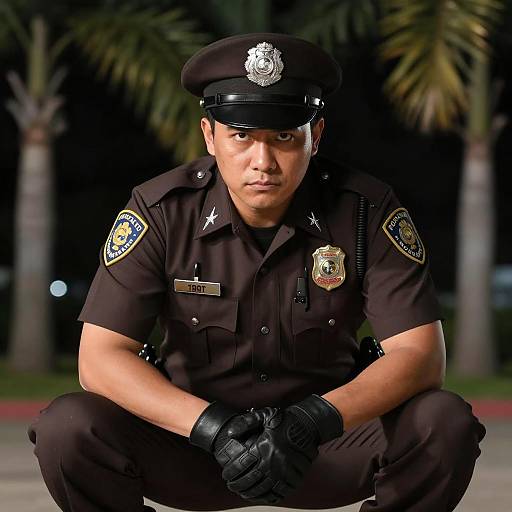 Crouching Police Officer in Brown Uniform