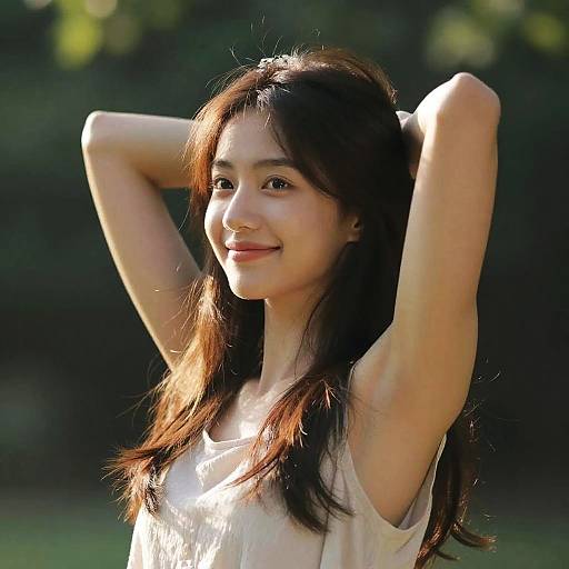 Photograph of an Asian woman with long brown hair, smiling, arms raised, wearing a white sleeveless top, sunlight illuminating her face, blurred