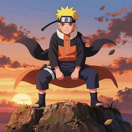 Anime-style drawing of Naruto, a blonde-haired ninja with red eyes, wearing a black headband and cloak, squatting on a rocky cliff at sunset