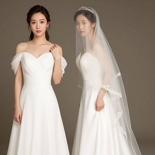 Photograph of two Asian women in white, off-shoulder wedding dresses; one without veil, the other with translucent veil and tiara, against