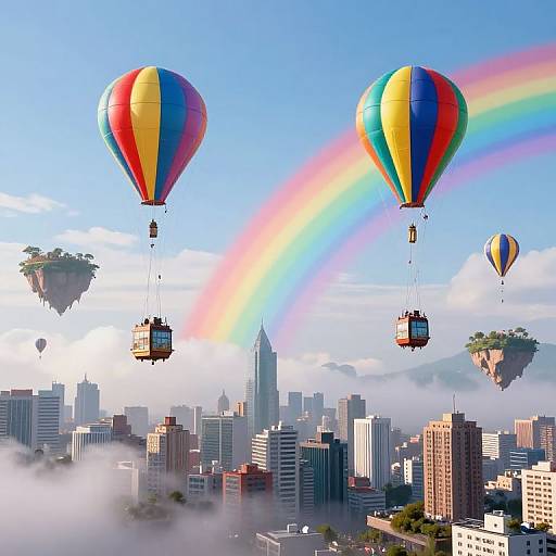 Photograph of colorful hot air balloons with rainbow trails over a foggy cityscape, featuring floating islands and tall skyscrapers.