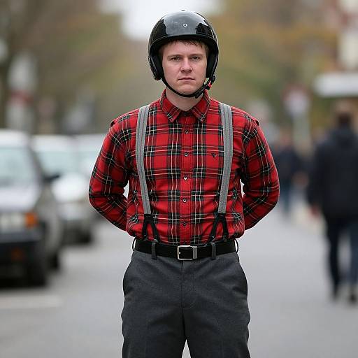 Photograph of a serious Caucasian man in a black helmet, red plaid shirt, black suspenders, and gray pants, standing on a blurred urban