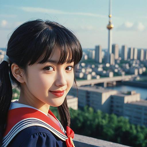 Anime School Girl with Post-Soviet City Background