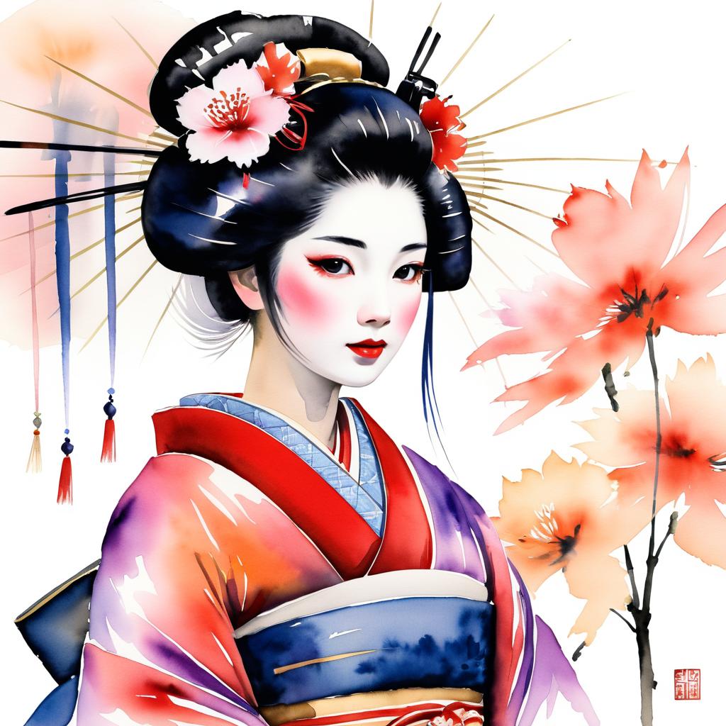 Elegant Geisha in Traditional Watercolor