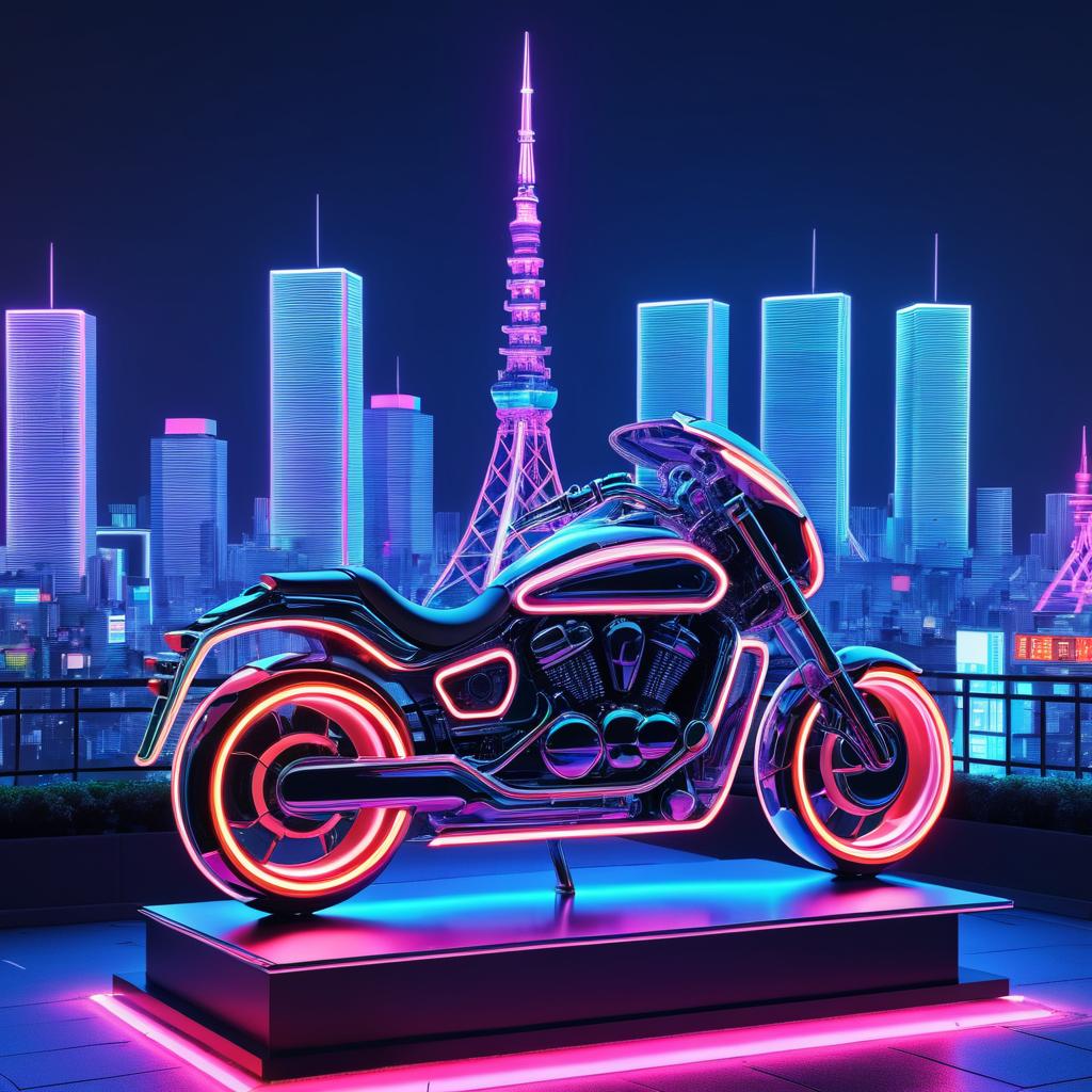 Futuristic Neon Motorcycle Statue in Tokyo