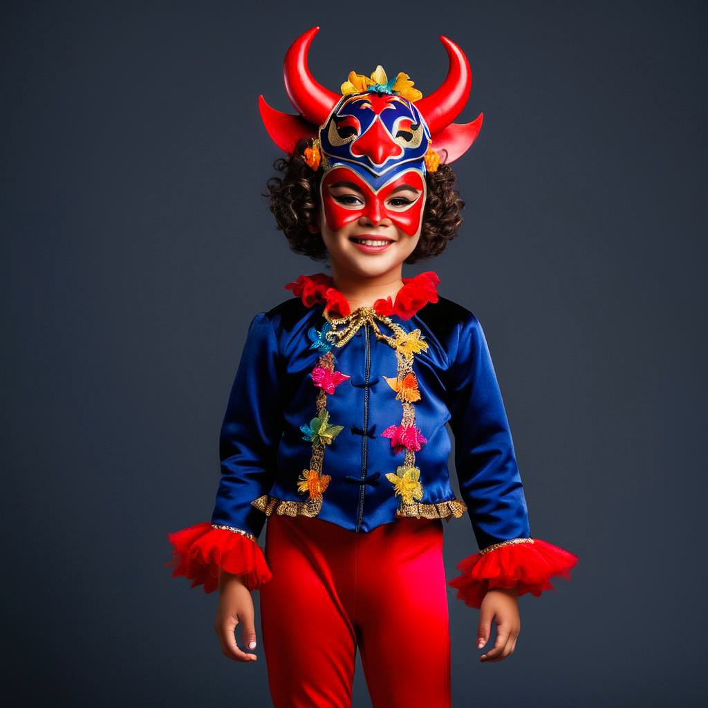 Delighted Child in Colorful Devil Costume