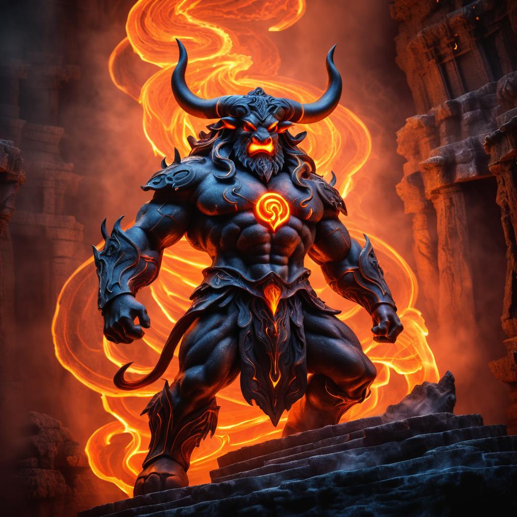 Mythical Minotaur in Lava-Filled Labyrinth