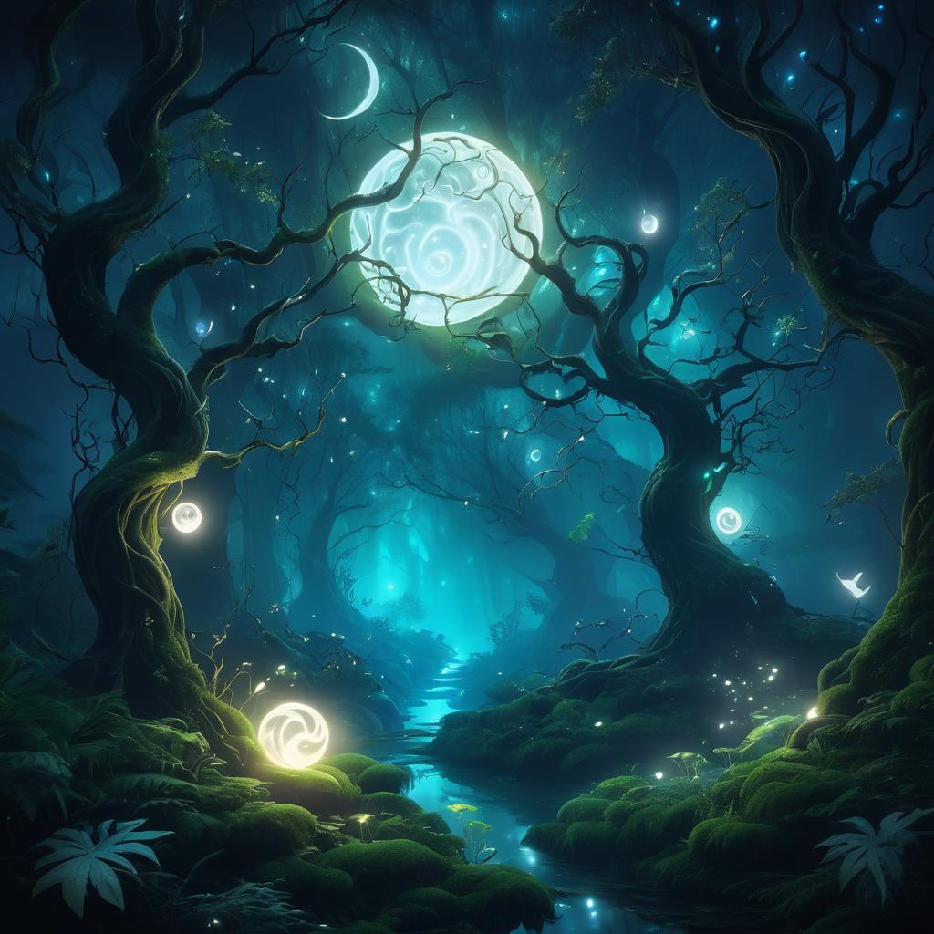 Enchanted Night Forest with Mystical Creatures