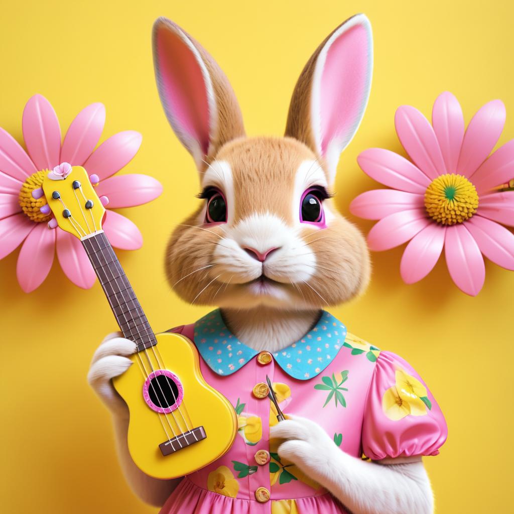 Vibrant Female Rabbit Portrait with Ukulele