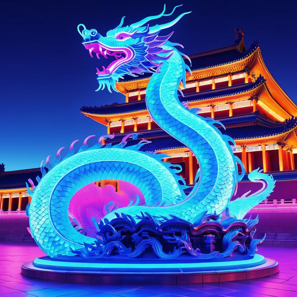 Futuristic Neon Dragon Statue in Beijing