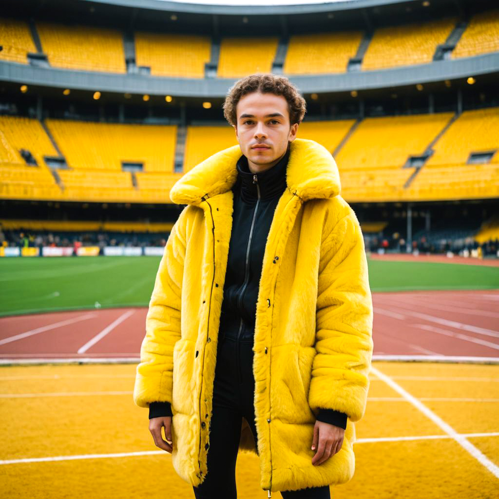 Young Athlete in Vibrant Yellow Fur Coat