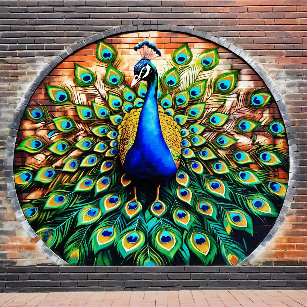 Vibrant Peacock Mural on Brick Wall