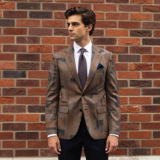 Man in Stylish Artistic Suit Against Brick Wall