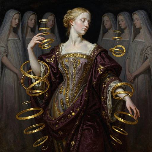 Digital painting of a pale-skinned, blonde woman in an ornate, gold-embroidered purple dress, surrounded by floating gold rings, with