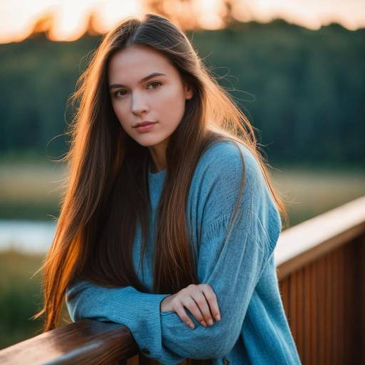 Young Woman Leaning on Wooden Railing at Sunset