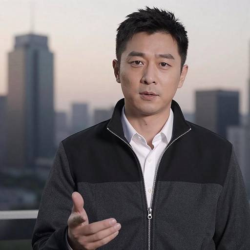 East Asian Man with Skyline at Sunset