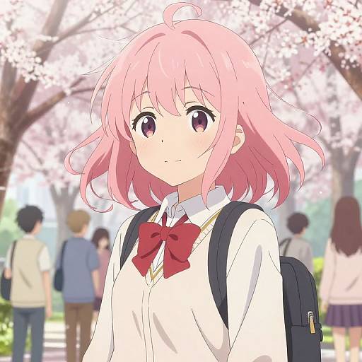Anime-style drawing of a pink-haired girl with purple eyes, wearing a white shirt with a red bowtie and backpack, standing in a cherry blossom-filled