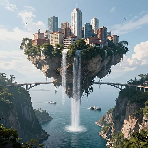 Digital artwork of a floating city with skyscrapers, waterfall, and suspension bridge over a blue ocean, surrounded by cliffs and trees.