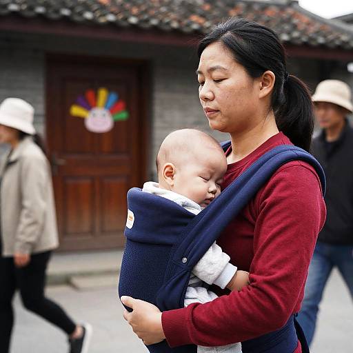 Asian Mother Holding Baby in Sling