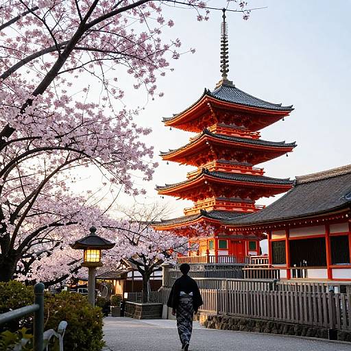 Serene Japanese Pagoda with Cherry Blossoms