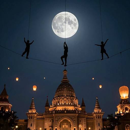 Moonlit Acrobats Among Floating Lanterns