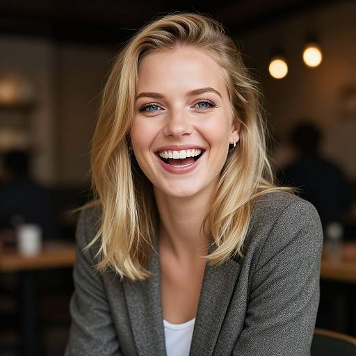 Photograph of a smiling blonde woman with blue eyes, wearing a grey blazer over a white top, in a dimly lit café.