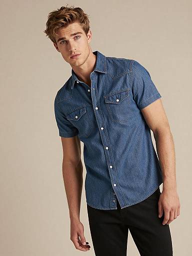 Young Man in Fitted Denim Shirt