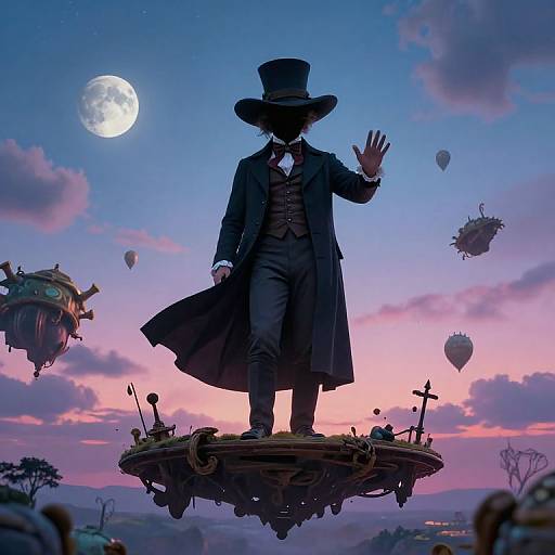 Photograph-style digital artwork: Silhouetted Victorian man in top hat, long coat, and bowtie, floating on a cloud platform, waving