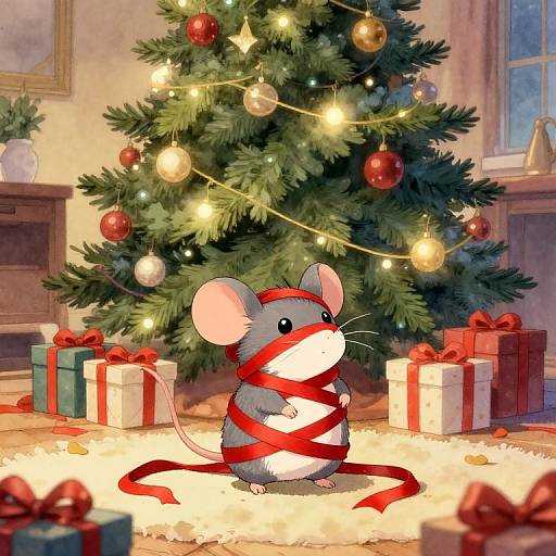 Illustration of a gray mouse with large pink ears, wrapped in red ribbon, standing in front of a Christmas tree adorned with lights and ornaments, surrounded