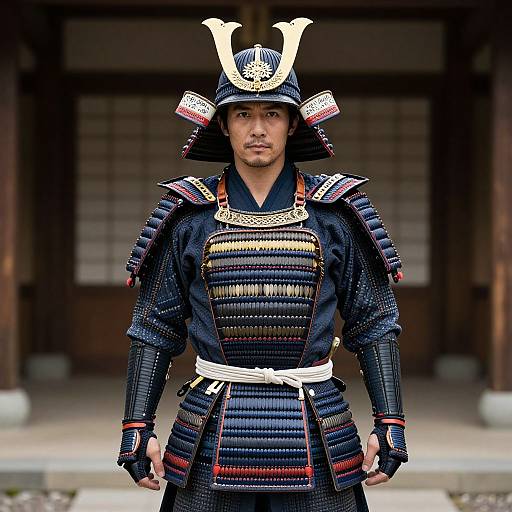 Photograph of a serious Japanese samurai warrior in detailed, dark blue, traditional armor with white and red accents, standing in front of a traditional wooden