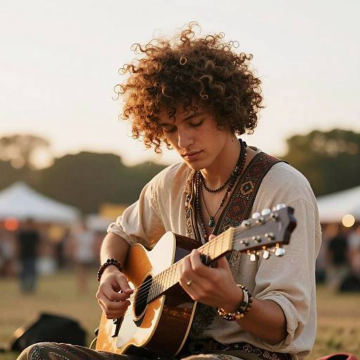 Afro Boy Playing Guitar Outdoors